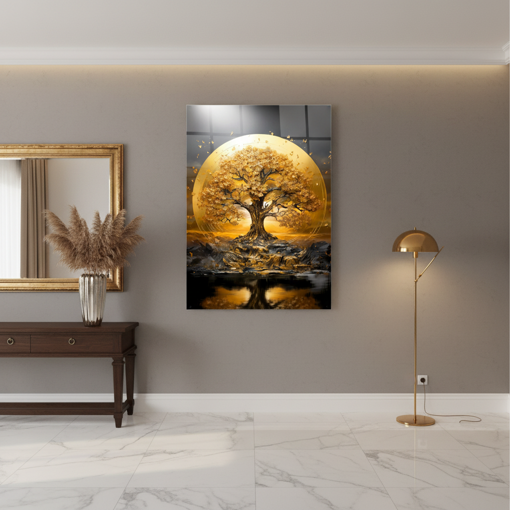 Arbre d'or de la Vie Tableau en Verre Trempé
