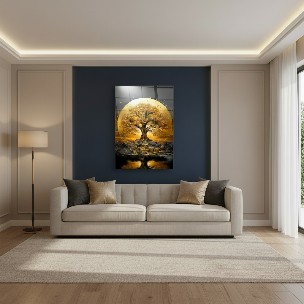 Arbre d'or de la Vie Tableau en Verre Trempé