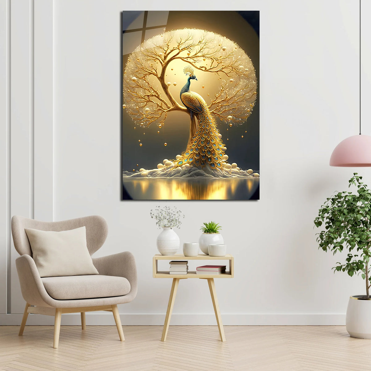 Pavone Dorato Quadro in Vetro Temperato
