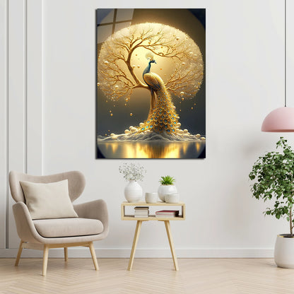 Pavone Dorato Quadro in Vetro Temperato