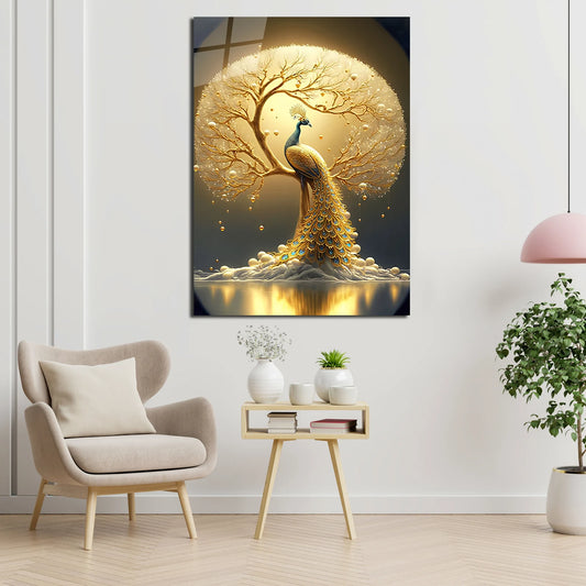 Golden Peacock Glass Wall Art
