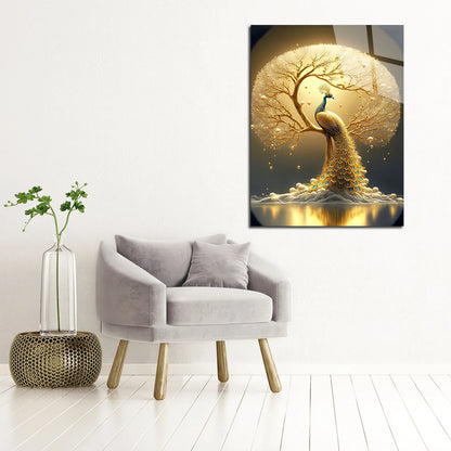 Pavone Dorato Quadro in Vetro Temperato