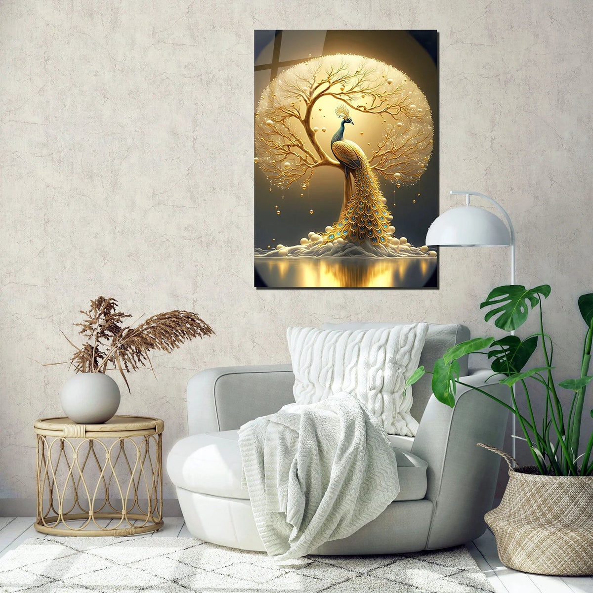 Pavone Dorato Quadro in Vetro Temperato