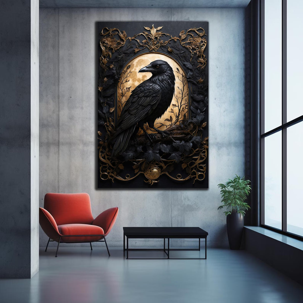Corbeau et Lune Tableau en Verre Trempé