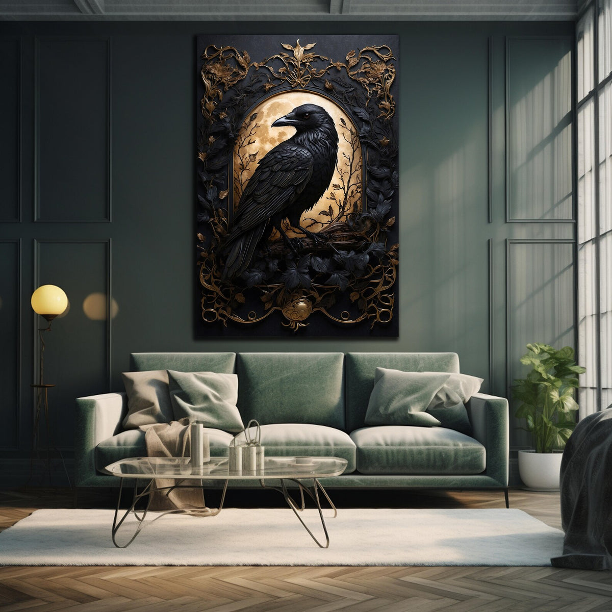 Corbeau et Lune Tableau en Verre Trempé