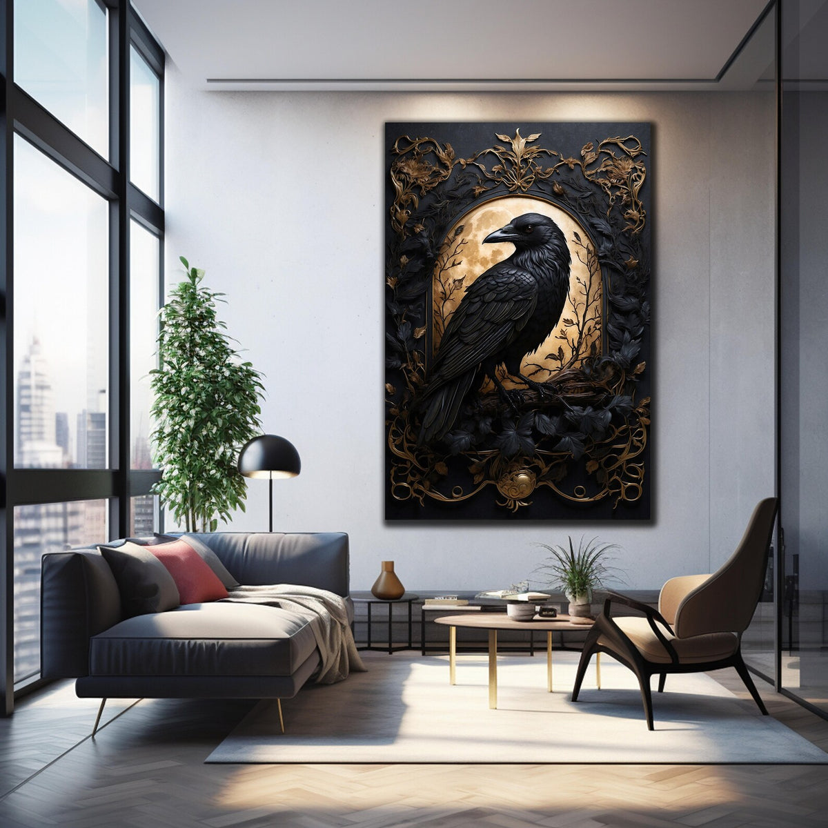 Corbeau et Lune Tableau en Verre Trempé