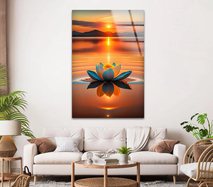 Coucher de Soleil et Lotus Tableau en Verre Trempé