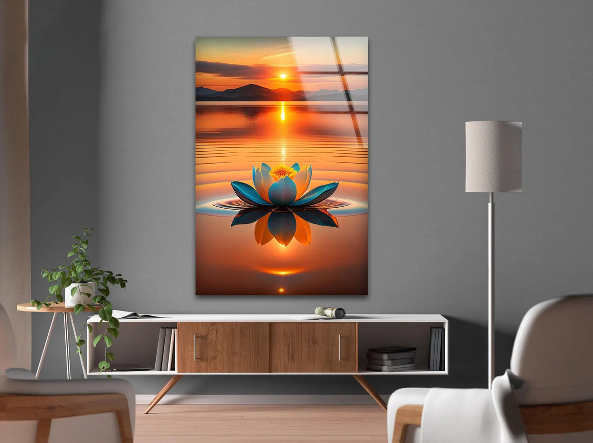 Coucher de Soleil et Lotus Tableau en Verre Trempé