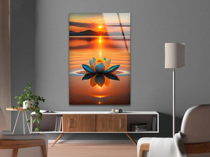 Coucher de Soleil et Lotus Tableau en Verre Trempé