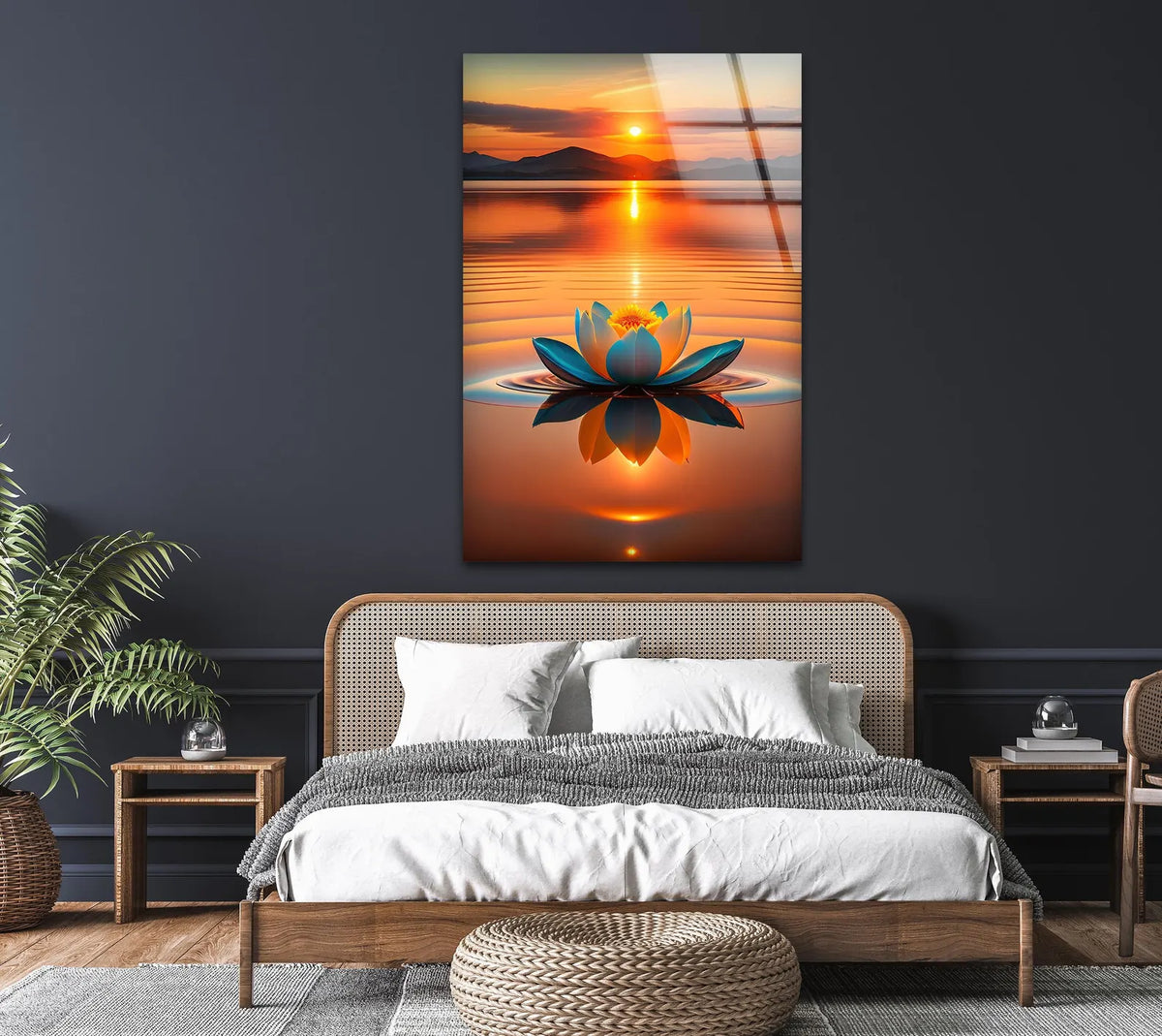 Coucher de Soleil et Lotus Tableau en Verre Trempé