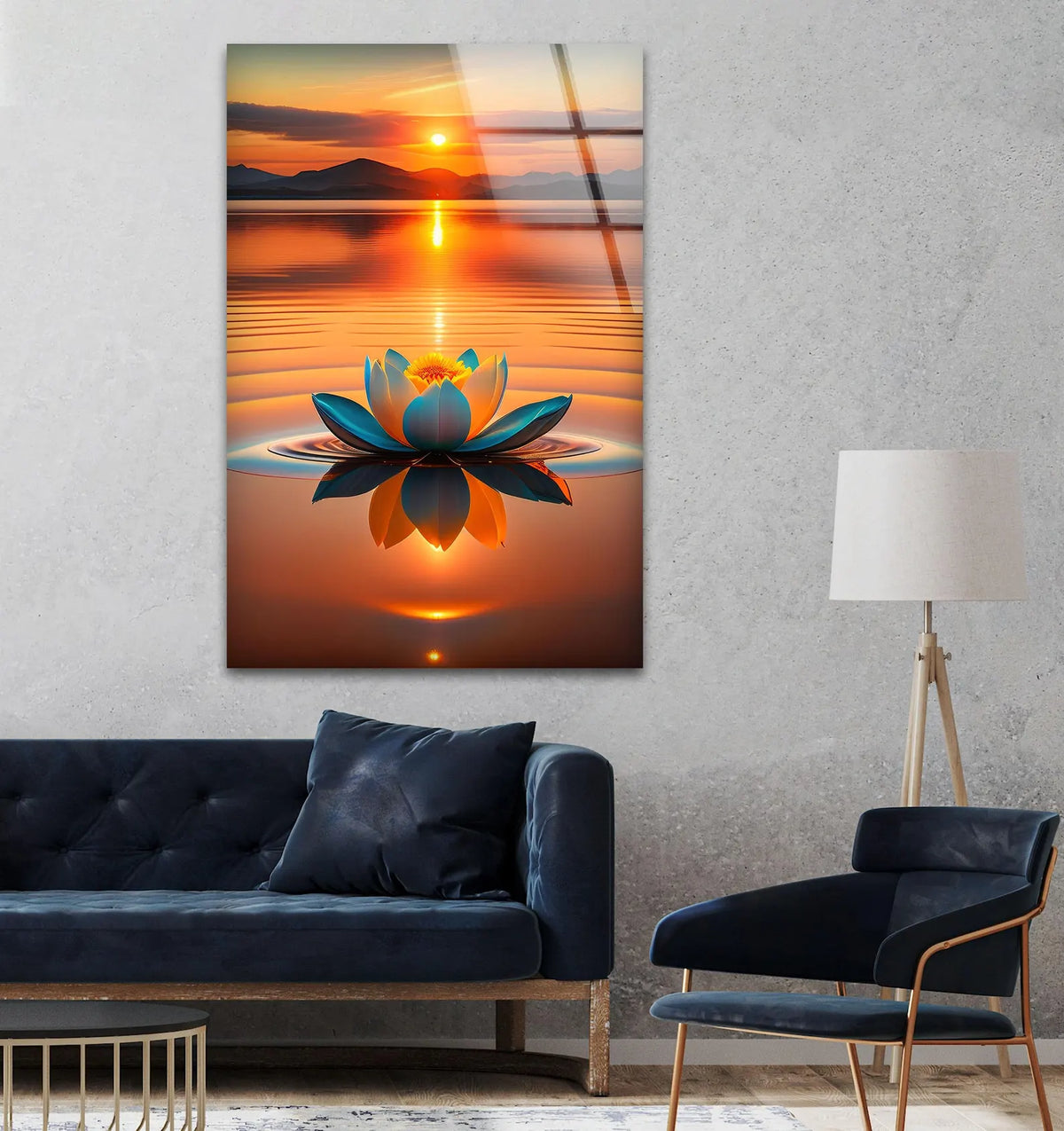 Coucher de Soleil et Lotus Tableau en Verre Trempé