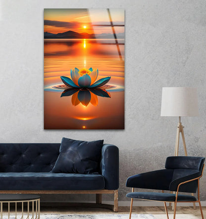 Coucher de Soleil et Lotus Tableau en Verre Trempé