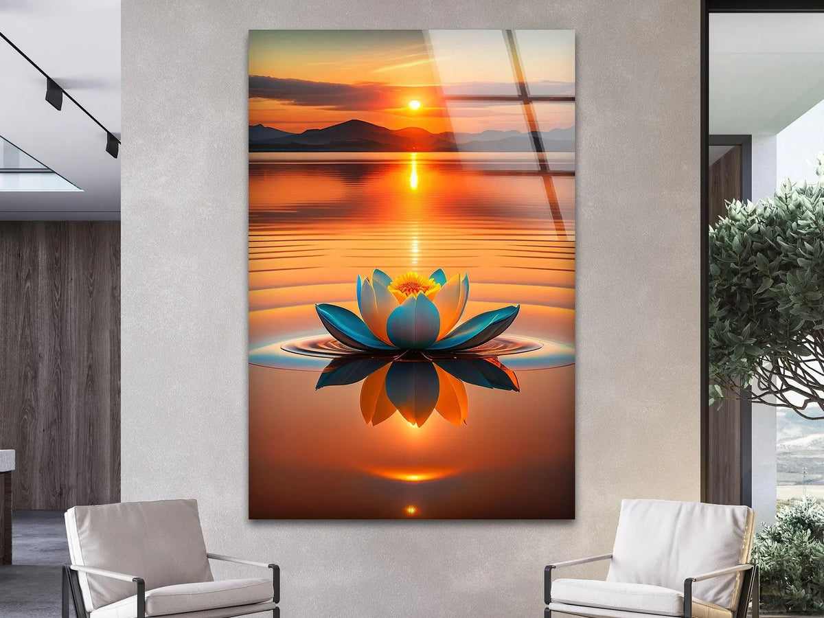 Coucher de Soleil et Lotus Tableau en Verre Trempé