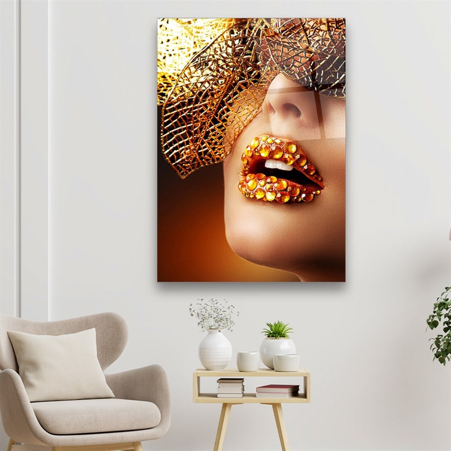 Gold Jeweled Lips Glass Wall Art