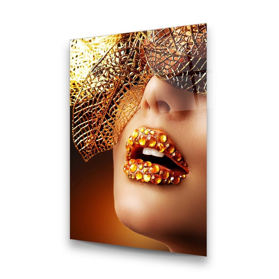Gold Jeweled Lips Glass Wall Art