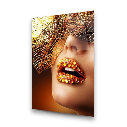 Gold Jeweled Lips Glass Wall Art
