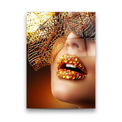Gold Jeweled Lips Glass Wall Art