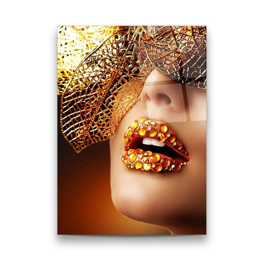 Gold Jeweled Lips Glass Wall Art