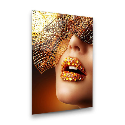 Gold Jeweled Lips Glass Wall Art