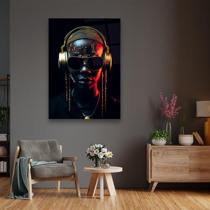 Gold Headphones Glass Wall Art