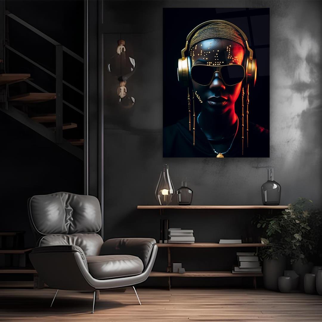 Gold Headphones Glass Wall Art