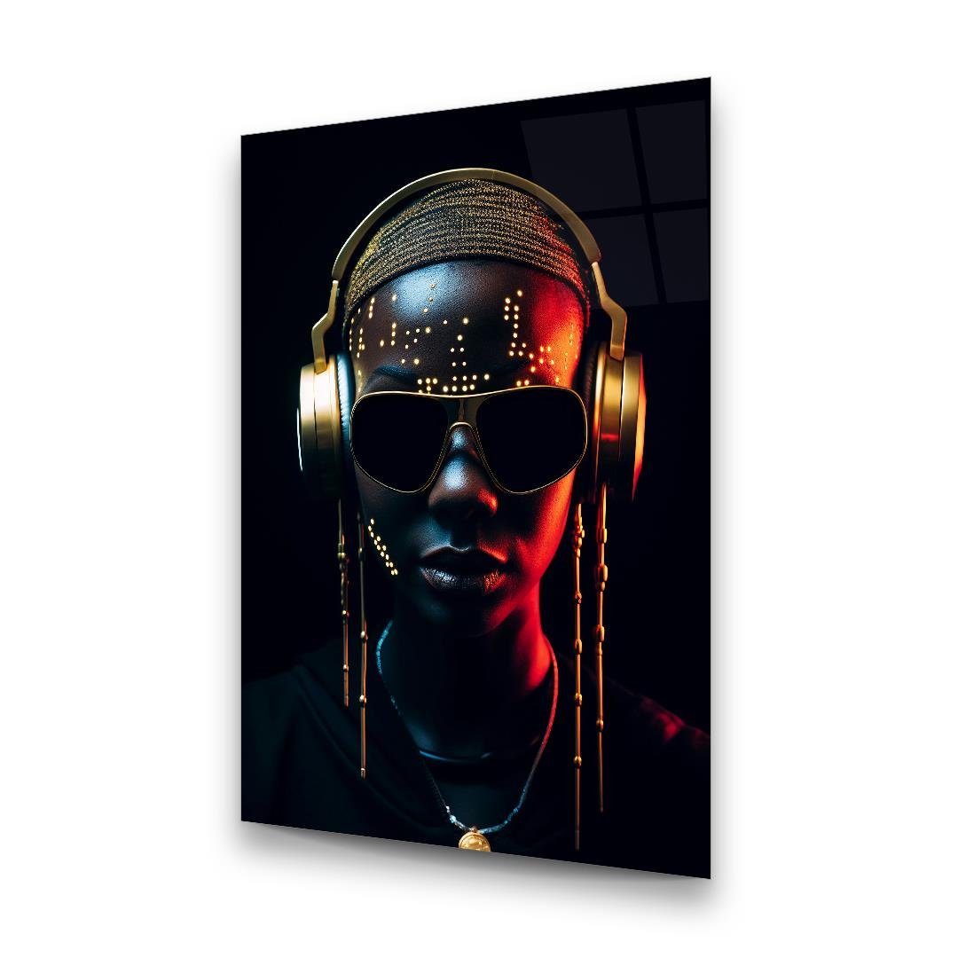 Gold Headphones Glass Wall Art