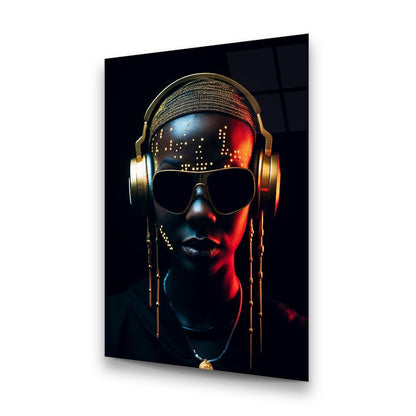 Gold Headphones Glass Wall Art