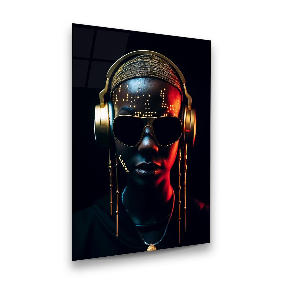 Gold Headphones Glass Wall Art