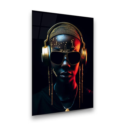 Gold Headphones Glass Wall Art
