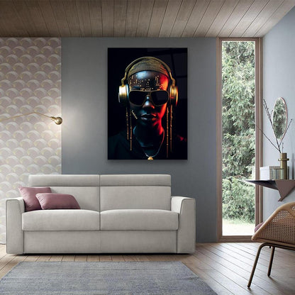 Gold Headphones Glass Wall Art
