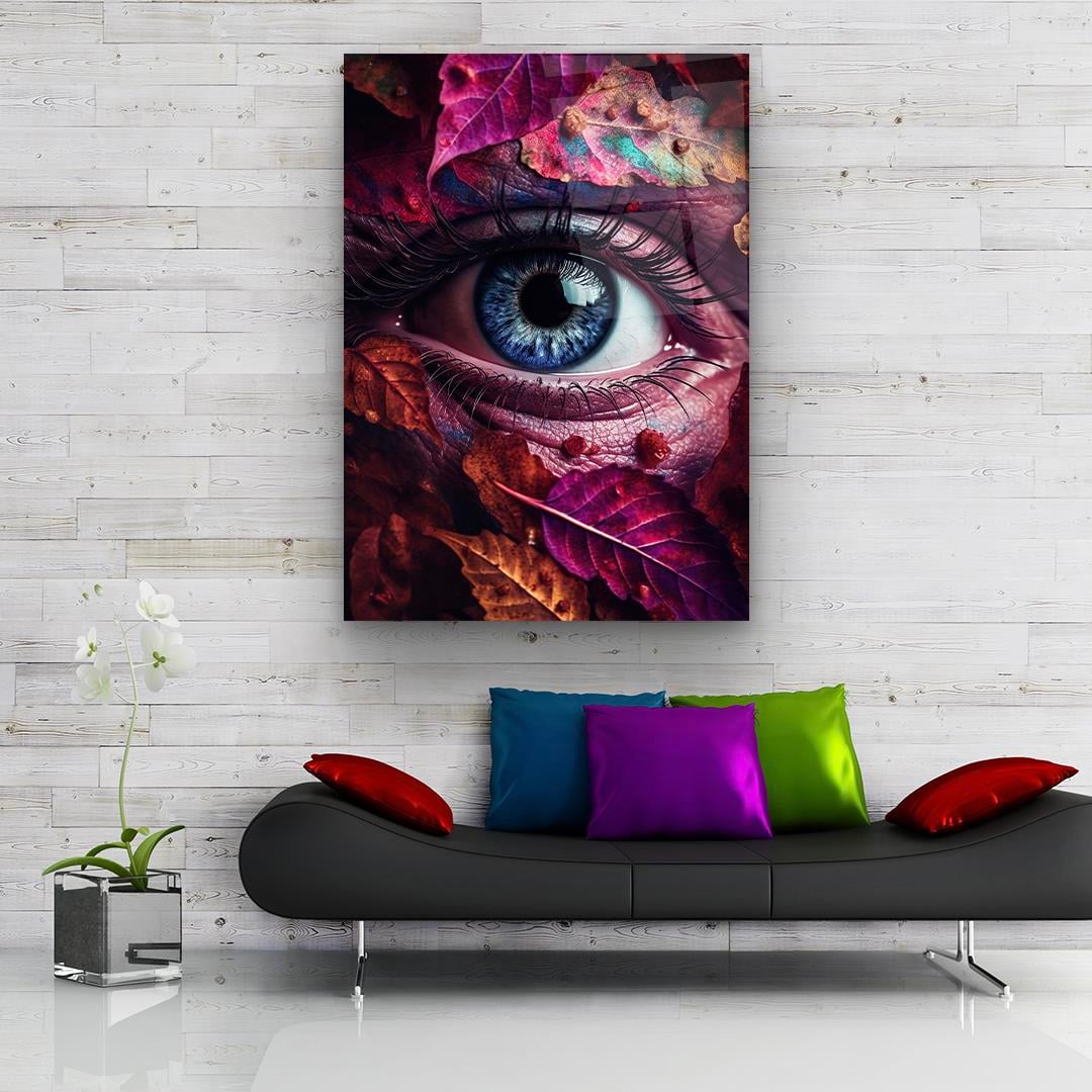 Occhio Blu e Foglie Quadro in Vetro Temperato