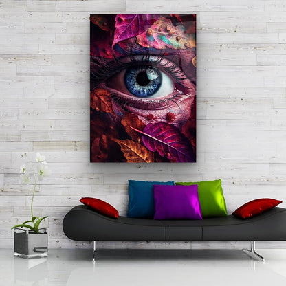 Occhio Blu e Foglie Quadro in Vetro Temperato