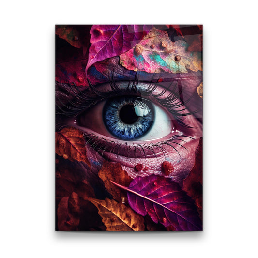 Blue Eye and Leaves Glass Wall Art
