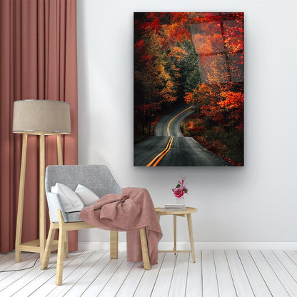 Autumn Forest Road Glass Wall Art