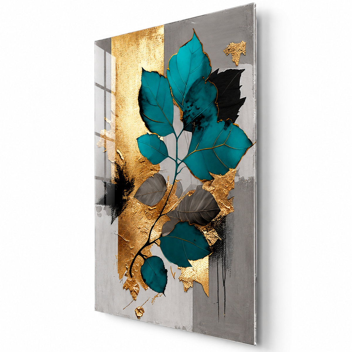 Teal Gold Leaves Glass Wall Art