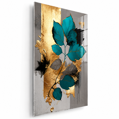 Teal Gold Leaves Glass Wall Art