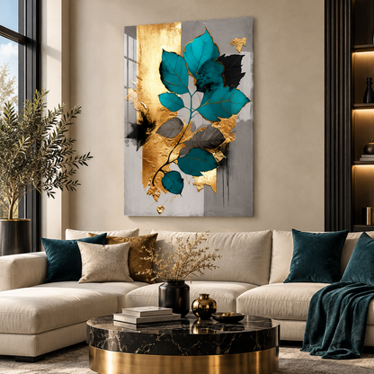 Teal Gold Leaves Glass Wall Art