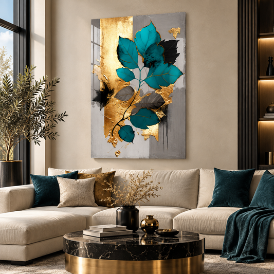 Teal Gold Leaves Glass Wall Art