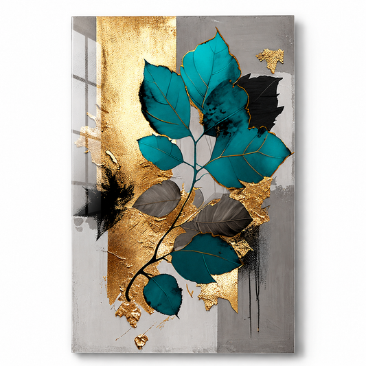 Teal Gold Leaves Glass Wall Art
