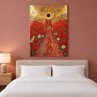 Femme dans un Champ de Coquelicots Tableau en Verre Trempé