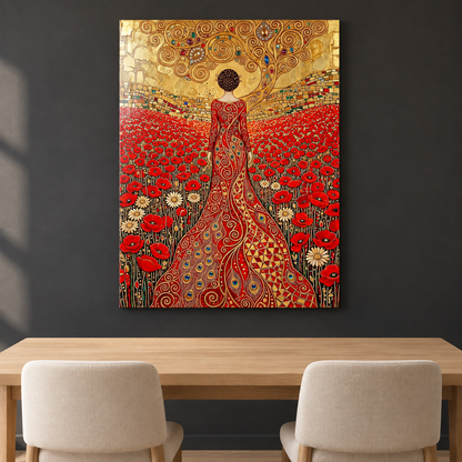 Femme dans un Champ de Coquelicots Tableau en Verre Trempé