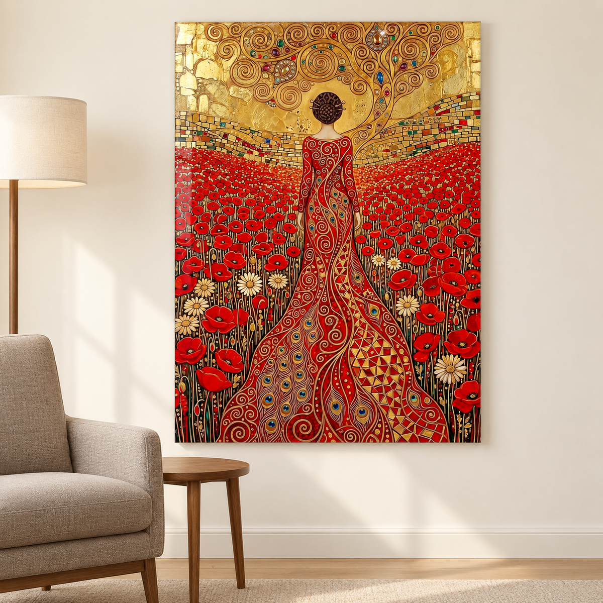 Femme dans un Champ de Coquelicots Tableau en Verre Trempé