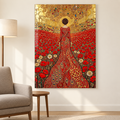 Femme dans un Champ de Coquelicots Tableau en Verre Trempé