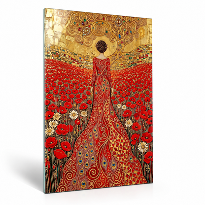 Femme dans un Champ de Coquelicots Tableau en Verre Trempé