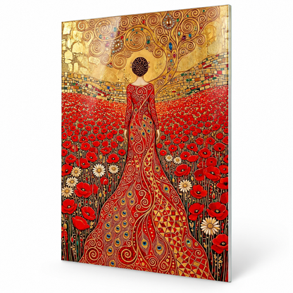 Femme dans un Champ de Coquelicots Tableau en Verre Trempé
