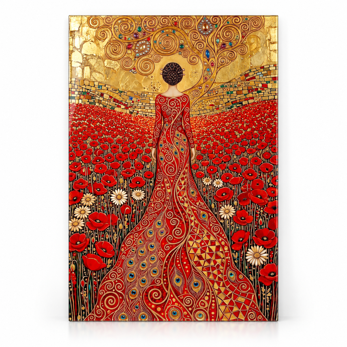 Femme dans un Champ de Coquelicots Tableau en Verre Trempé