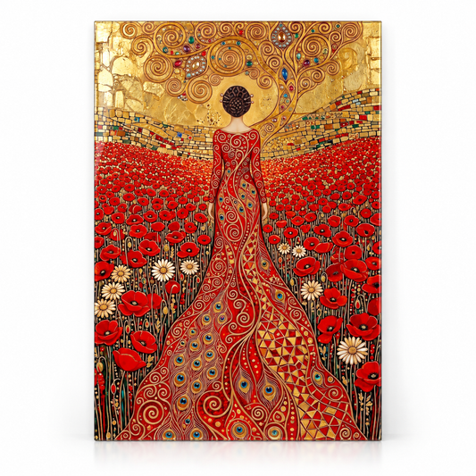 Woman in a Poppy Field Glass Wall Art