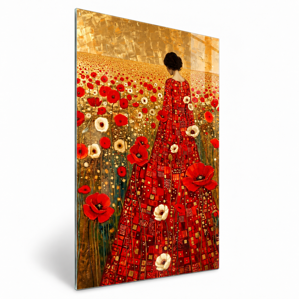Femme parmi les Coquelicots Tableau en Verre Trempé