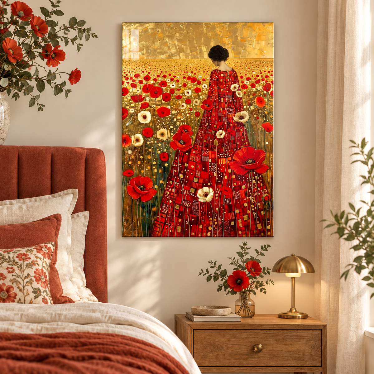 Femme parmi les Coquelicots Tableau en Verre Trempé