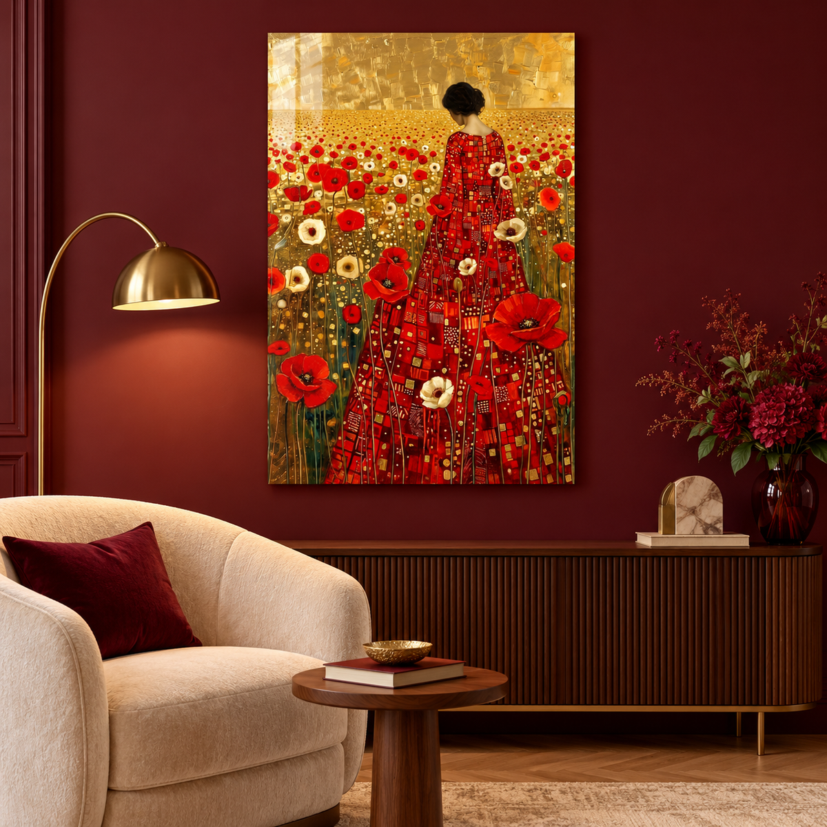 Femme parmi les Coquelicots Tableau en Verre Trempé